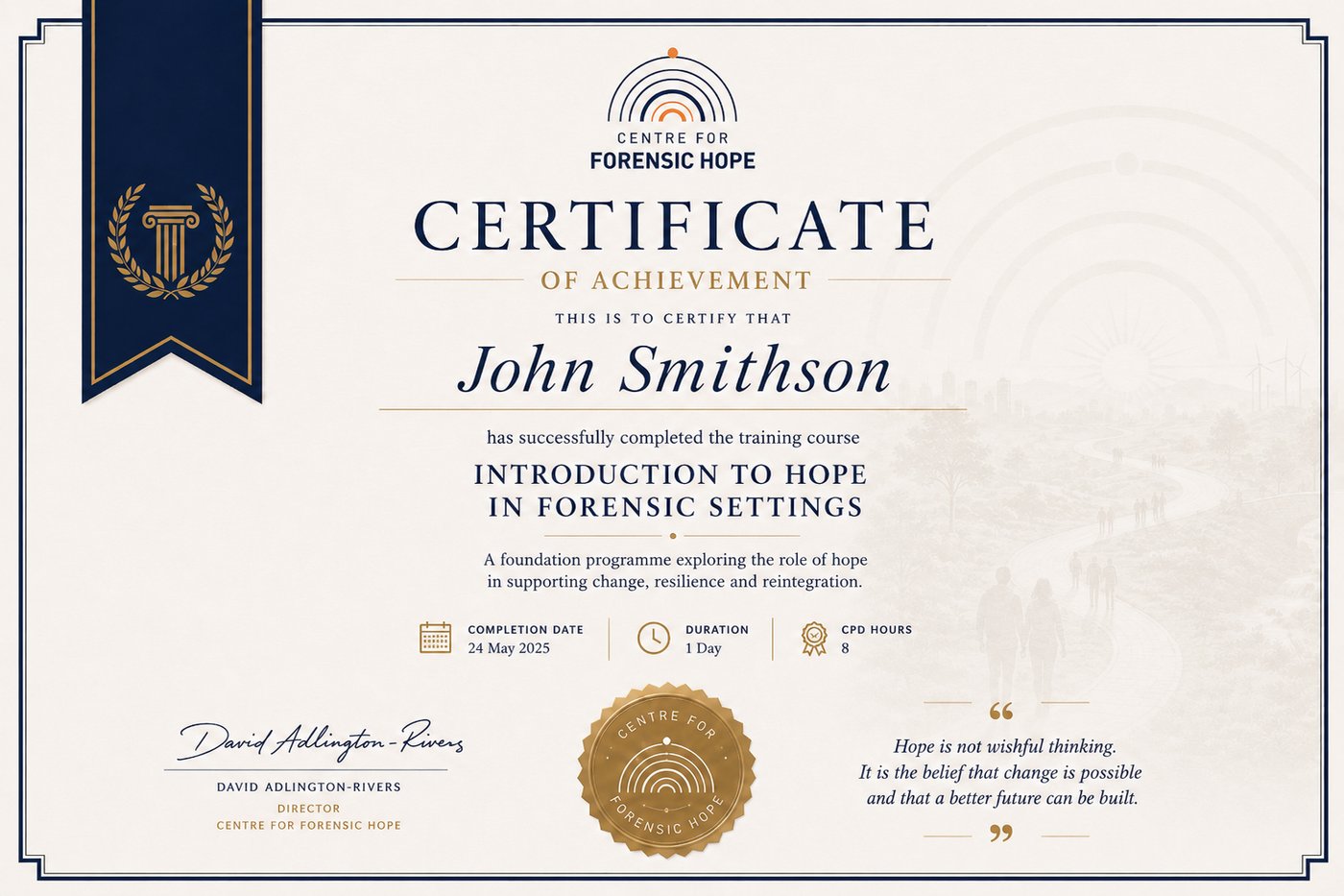 Example Centre for Forensic Hope certificate of achievement